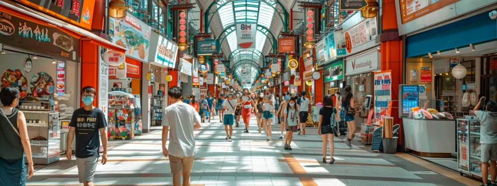 a bustling local marketplace filled with vibrant storefronts and digital displays, showcasing the dynamic integration of ai tools enhancing local seo strategies in a bright, sunlit environment.