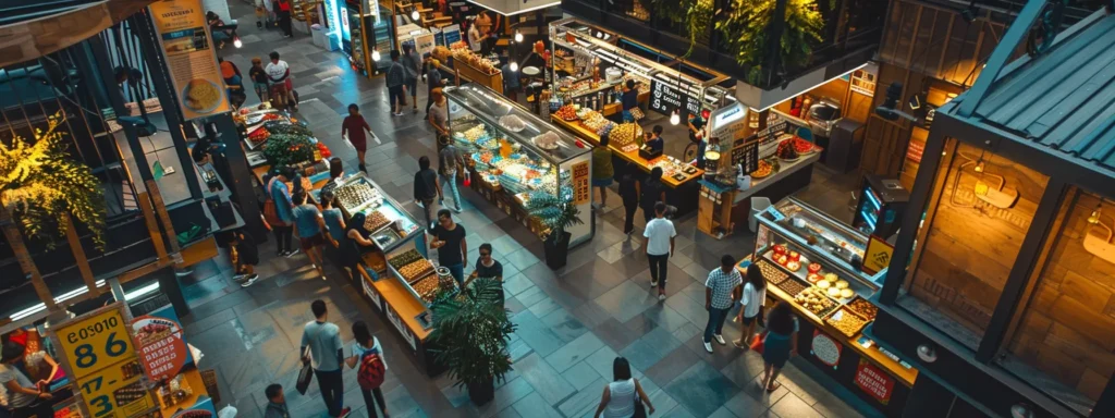 a bustling local marketplace filled with diverse vendors, vibrant signs, and engaged customers, illustrating the competitive landscape where businesses vie for visibility and community connection.