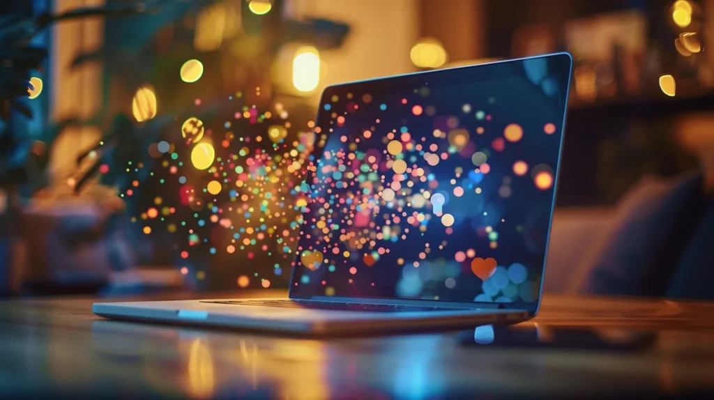 a captivating scene depicts an open laptop displaying vibrant social media metrics, surrounded by visual representations of storytelling elements that evoke emotional connections, set against a warm, inviting backdrop that hints at engaged audiences and brand loyalty.