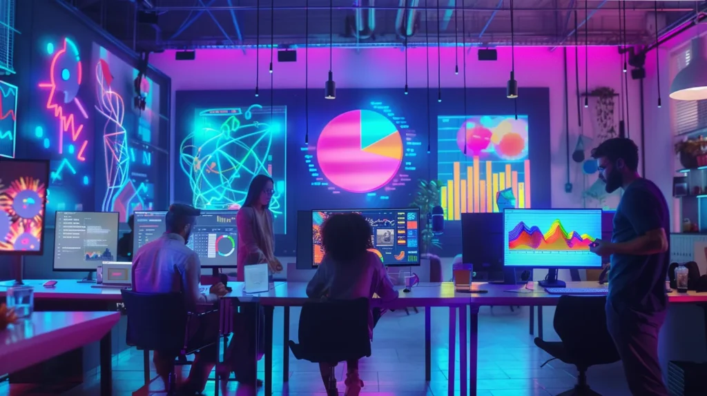 a dynamic and colorful workspace showcases a diverse team of professionals collaborating on innovative content marketing strategies, with vibrant charts and digital devices highlighting growth potential.
