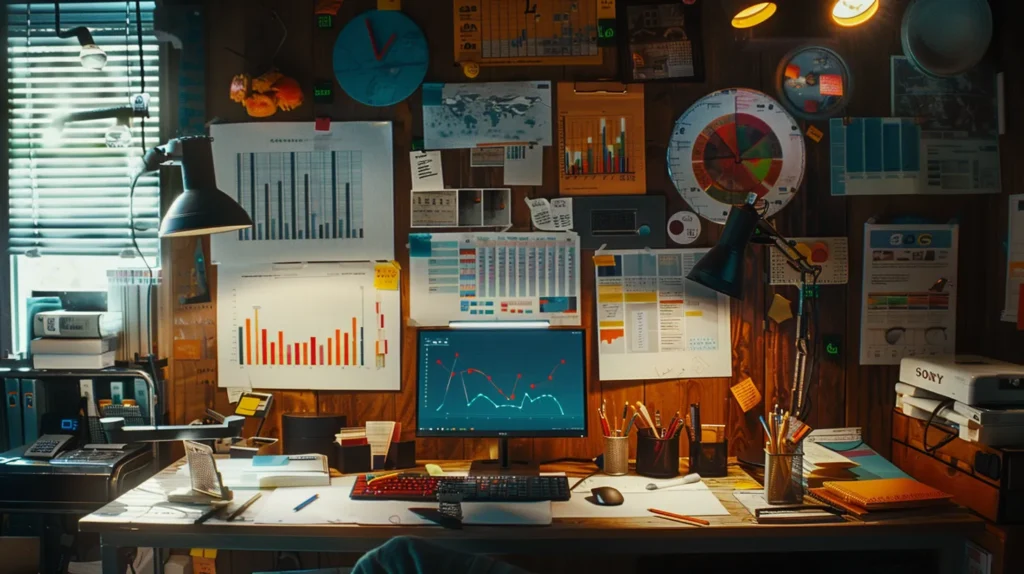 a dynamic and vibrant digital workspace filled with charts, graphs, and brainstorming materials, symbolizing the strategic evolution of content marketing through collaboration and innovation.