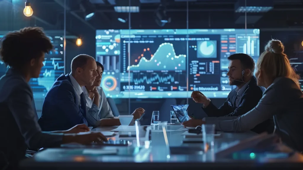 a dynamic and vibrant marketing strategy meeting, featuring diverse professionals collaborating around a sleek digital interface displaying analytics, video content, and sustainability icons, illuminated by modern, warm lighting that conveys innovation and connection.