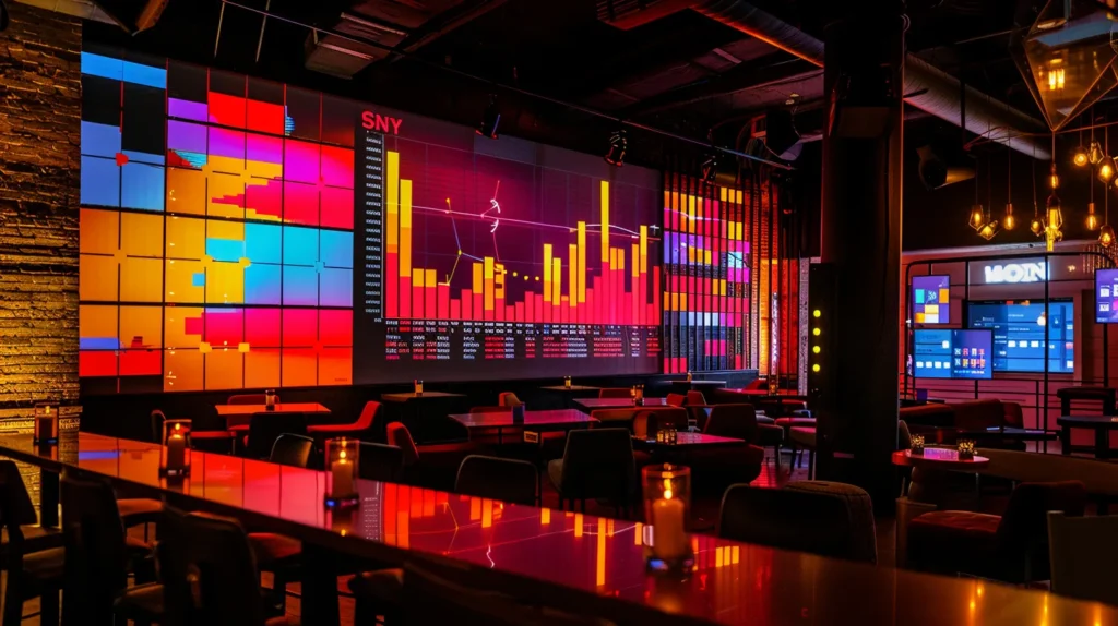 a dynamic and visually engaging workspace filled with vibrant graphs and charts illustrating key metrics on a large screen, symbolizing the analysis of content marketing roi and its impact on business performance.