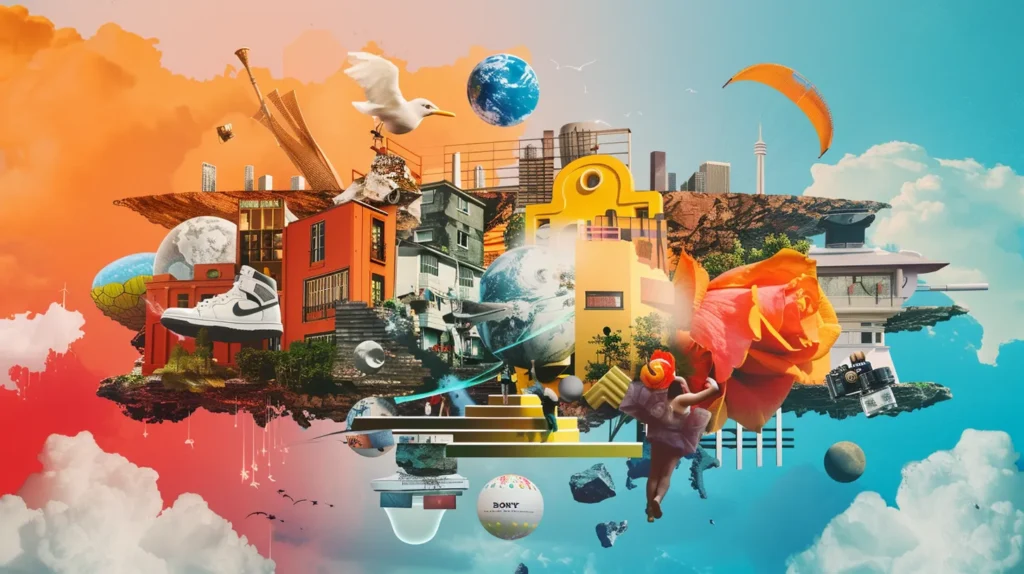 a dynamic collage of iconic brand elements from nike, airbnb, dove, and apple, encapsulated in a vibrant, emotion-driven landscape that symbolizes the transformative power of storytelling in content marketing.