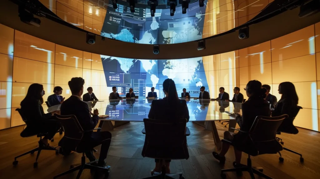 conference room setting where diverse professionals engage over a large digital screen displaying clearly defined b2b marketing objectives and kpis.