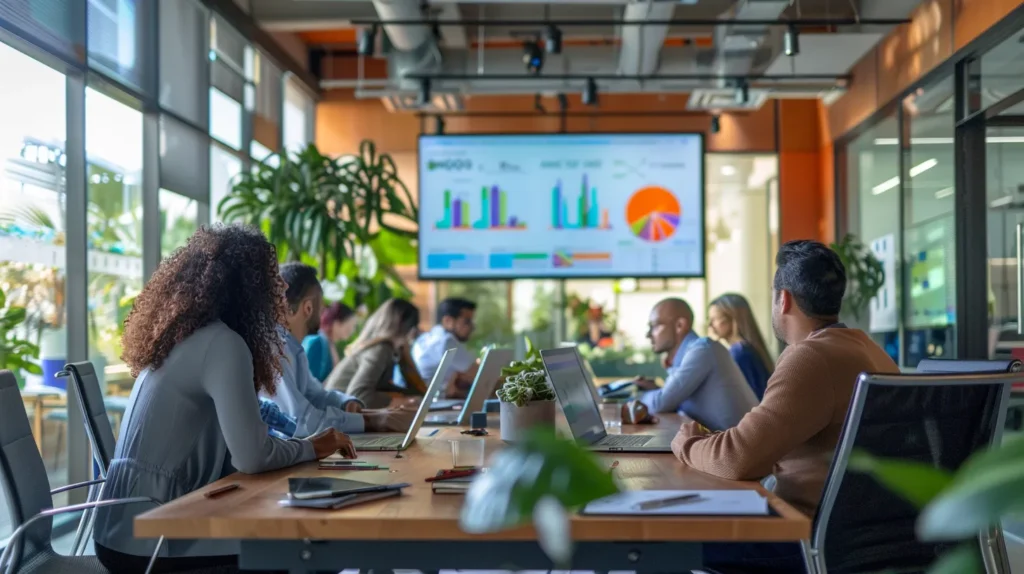 a dynamic meeting room filled with focused professionals collaborating over vibrant charts and digital screens, showcasing a commitment to evolving content marketing strategies and continuous improvement.