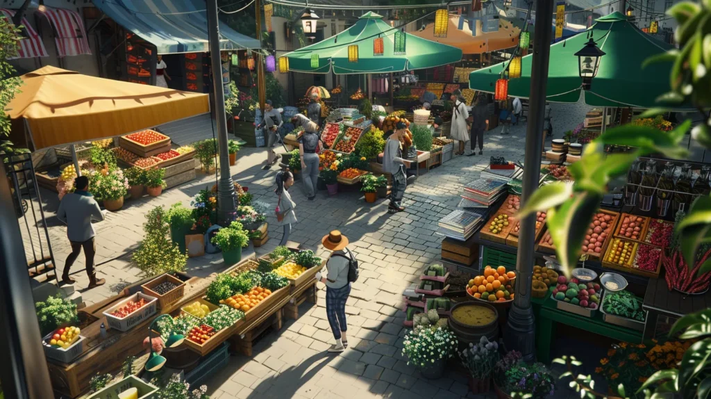 a dynamic outdoor market scene, bustling with local vendors and enthusiastic shoppers, showcases various vibrant stalls filled with fresh produce and handcrafted goods, embodying the essence of community engagement and tailored marketing.