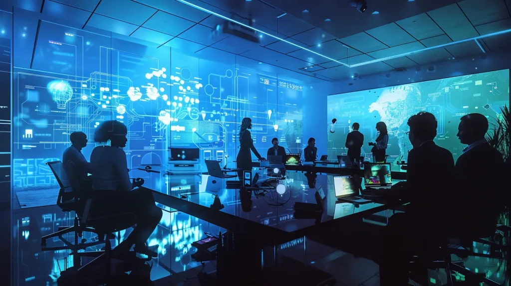 a dynamic scene of a diverse group of professionals engaged in a brainstorming session, surrounded by clear visual aids and digital tools, epitomizing the collaborative energy of a successful content marketing strategy.