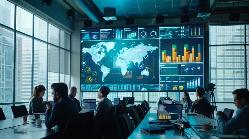 a dynamic urban landscape showcases a bustling office environment, highlighting a diverse group of professionals collaborating on a large digital screen that displays vibrant graphs and seo metrics, emphasizing the pivotal role of seo in driving business growth and online visibility.