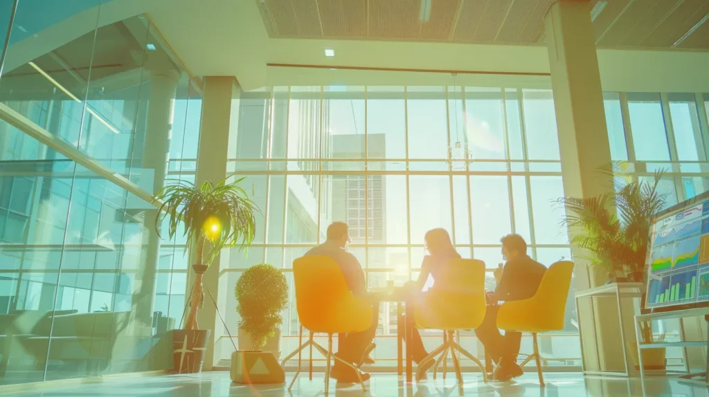 office setting showcases a diverse team engaged in collaborative discussions, surrounded by charts and graphs that illustrate audience insights and competitive analysis.