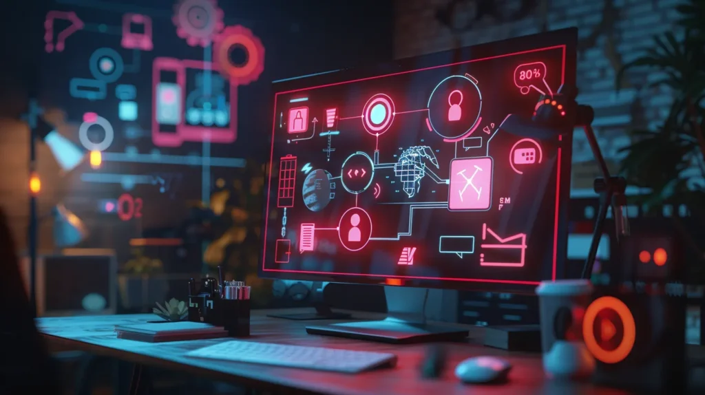 a dynamic, visually engaging composition featuring a well-organized workspace with a clear roadmap, symbols of target audiences, and vibrant content icons, illuminated by soft, focused lighting to emphasize the theme of effective content marketing strategies.