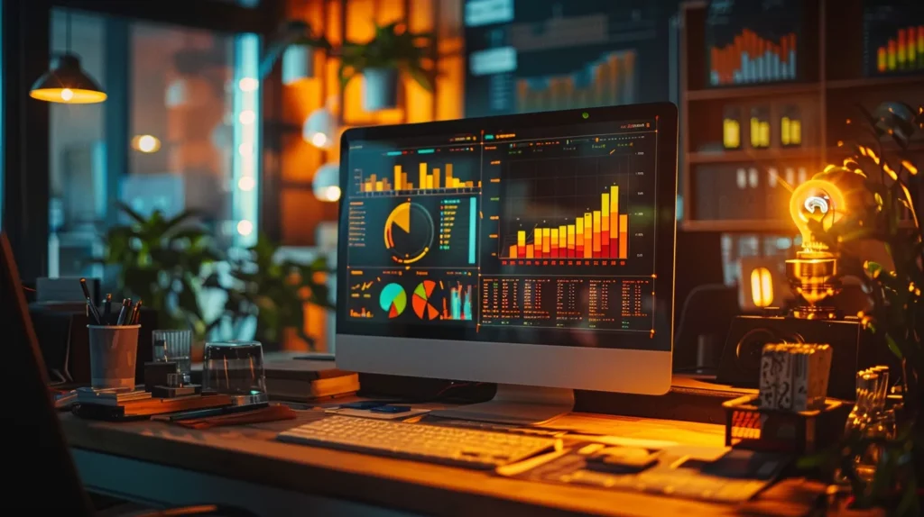 a dynamic workspace filled with vibrant charts and graphs, showcasing the powerful impact of email marketing automation on revenue growth, illuminated by warm, inviting light that emphasizes a sense of innovation and engagement.