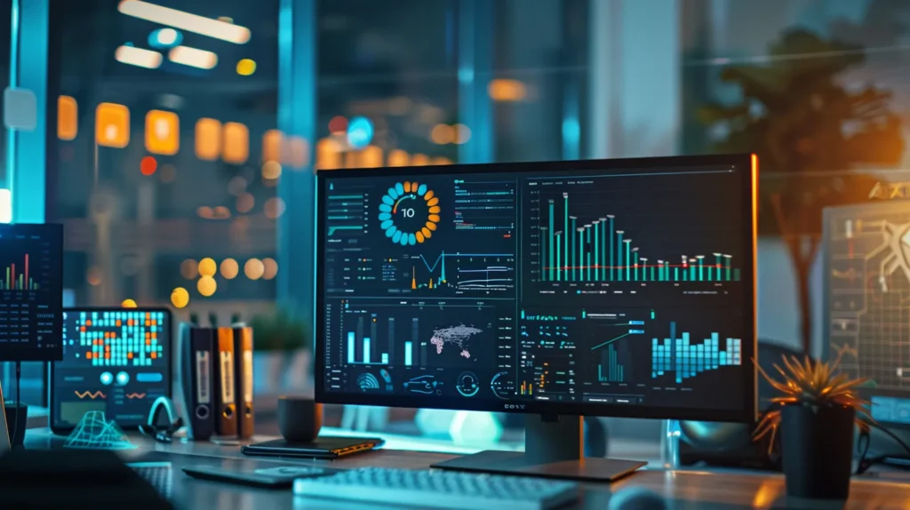 a workspace showcasing a large screen displaying vibrant infographics and data charts, symbolizing strategic b2b marketing efforts in project management