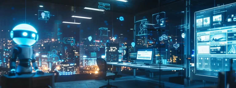a futuristic small business office filled with high-tech ai marketing tools, showcasing sleek chatbots on screens and vibrant digital displays, illuminated by soft, dynamic lighting to highlight innovation and adaptability.