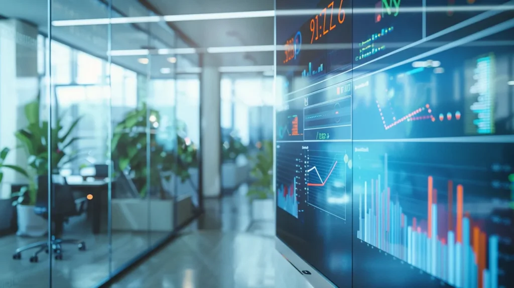 a large screen displaying vibrant analytics graphs and metrics, illuminated by natural light, symbolizing the continuous improvement of b2b marketing strategies.