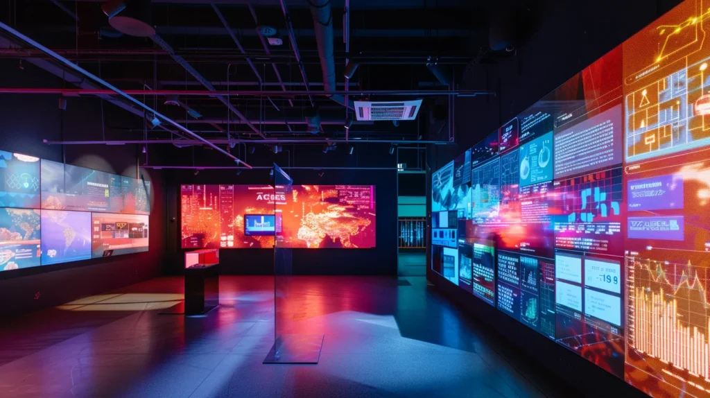 a vibrant and dynamic digital landscape showcases interactive storytelling elements, like animated infographics and virtual reality scenes, symbolizing the fusion of artificial intelligence with personalized narratives to engage and connect deeply with audiences.
