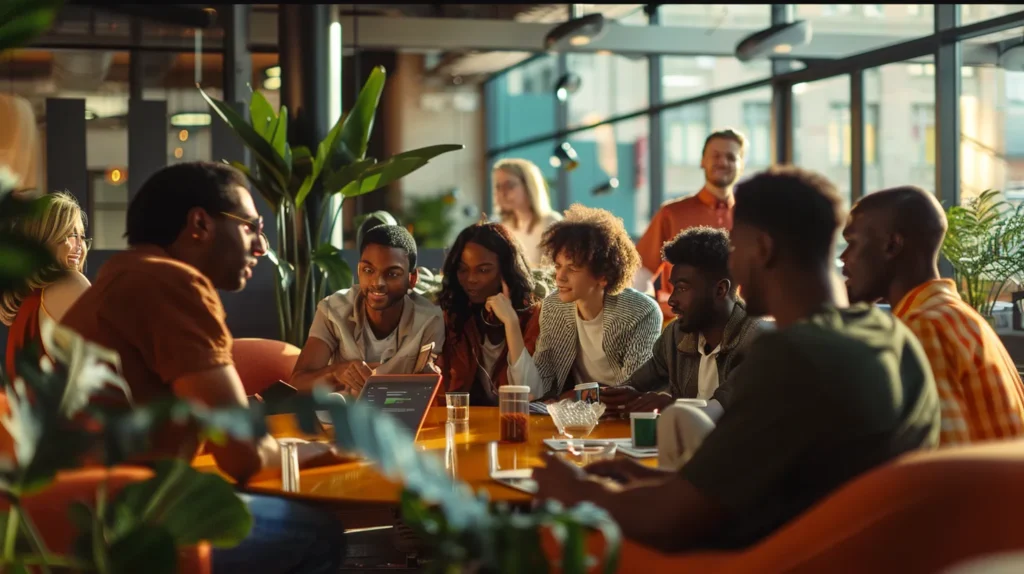 a vibrant and engaging scene of a diverse group of individuals gathered around a digital device, captivated by a dynamic storytelling presentation that embodies the transformative power of effective narratives in content marketing.