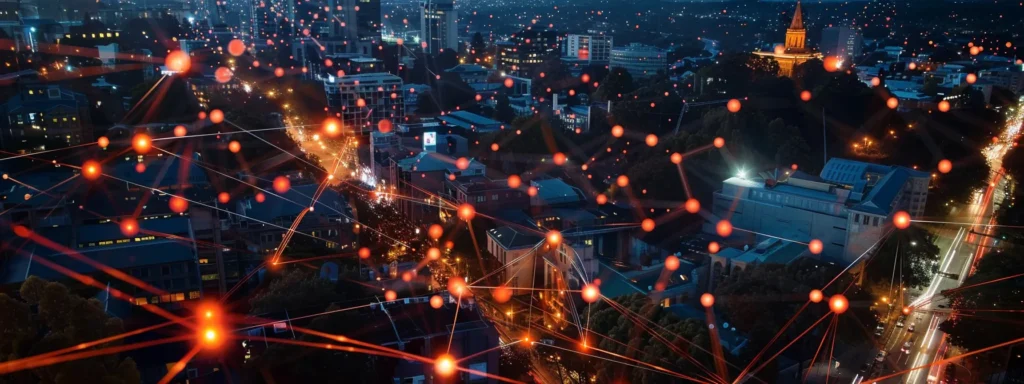 a vibrant cityscape at dusk, illuminated with glowing digital connections, symbolizing the integration of ai tools and local businesses as they forge partnerships to enhance seo through strategic link building.