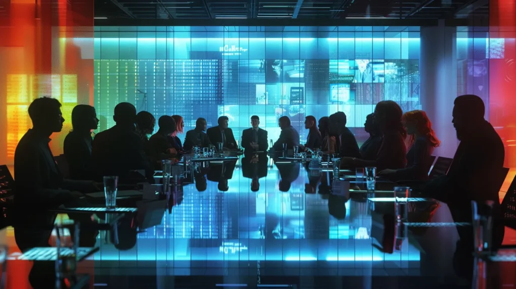 a vibrant, collaborative workspace filled with diverse professionals gathered around a sleek table, engaged in animated discussions over a large editorial calendar, symbolizing strategic content marketing and audience engagement success.