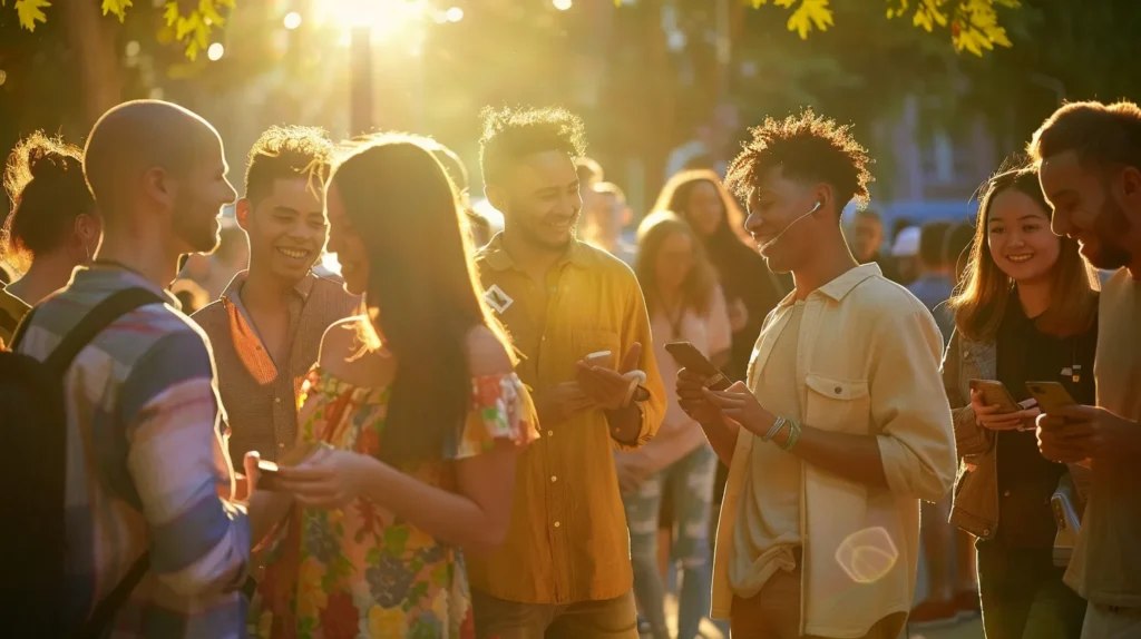 a vibrant community gathering in a sunlit park, where diverse groups of people engage enthusiastically with their smartphones, sharing local content and connecting with influencers to foster genuine relationships.