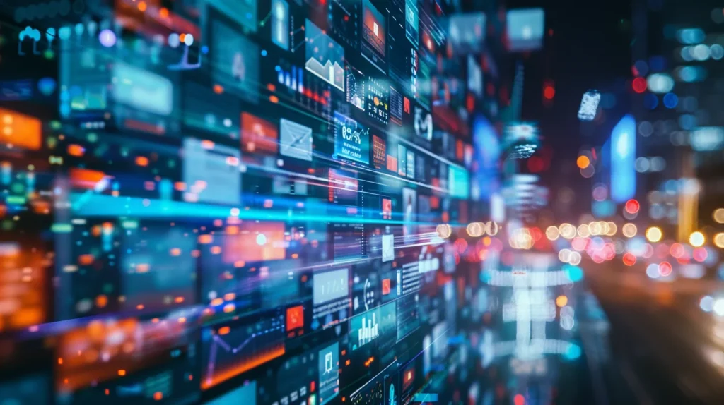 a vibrant digital marketing landscape featuring dynamic content strategies like engaging blog posts, captivating videos, and interactive social media channels, all illuminated by a warm, inviting glow that symbolizes growth and connection.