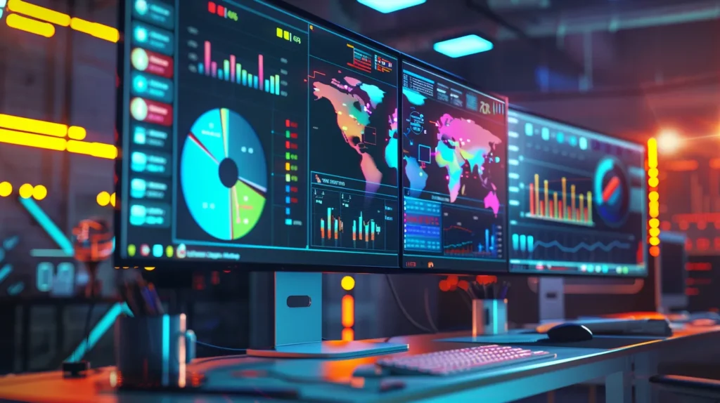 digital marketing workspace, featuring a central display of analytical graphs and social media icons illuminated by soft, natural light, encapsulating the dynamic essence of b2b content distribution and engagement strategies.