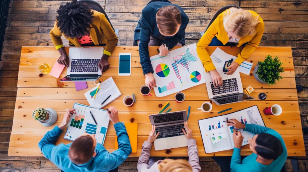 a vibrant digital workspace bustling with creativity, showcasing diverse individuals collaborating over colorful charts and laptops, symbolizing the strategic alignment of content marketing and business goals.