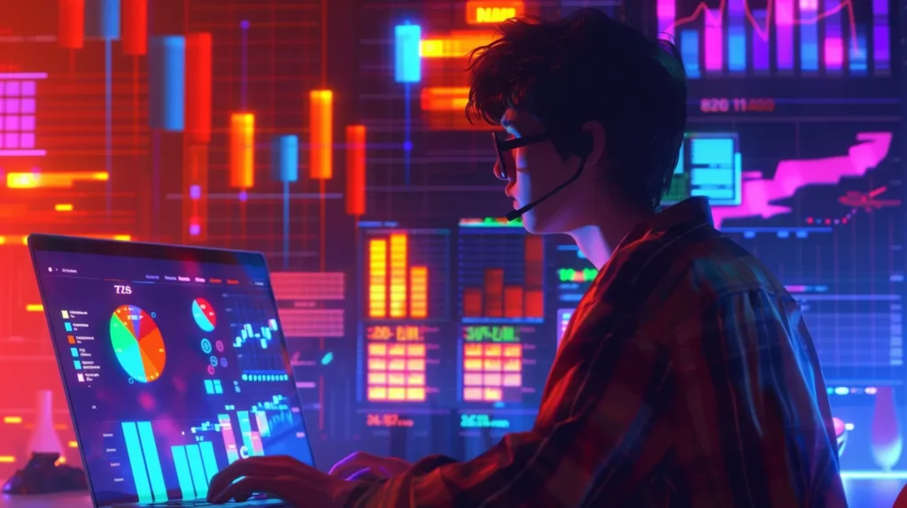 a vibrant digital workspace captures a focused marketer analyzing data on a sleek laptop, surrounded by charts and colorful graphs that symbolize a comprehensive seo strategy, illuminated by a warm, inviting light.