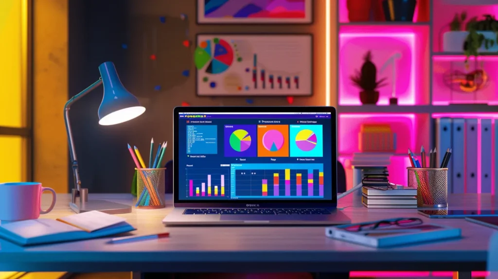 social media dashboard, surrounded by vivid charts and collaborative brainstorming tools, highlighting the dynamic nature of social media marketing strategies.