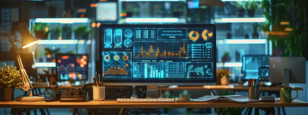 a vibrant digital workspace showcases a glowing computer screen displaying an optimized google my business profile, surrounded by visually appealing ai-generated images and data analytics graphs, embodying the cutting-edge intersection of technology and customer engagement.