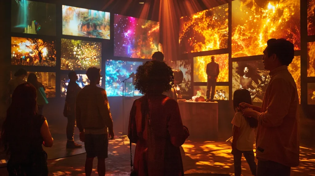a vibrant, dynamic tableau showcases a storyteller illuminated by warm, inviting light, surrounded by diverse multimedia elements symbolizing brand narratives that resonate deeply with engaged audiences.