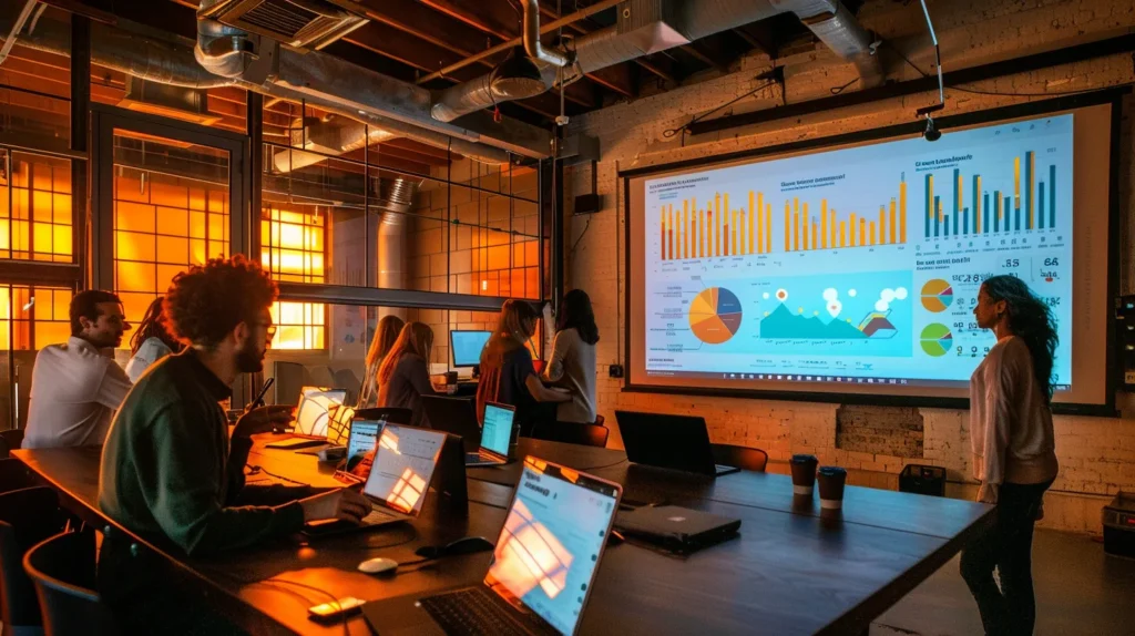 a vibrant, dynamic workspace showcases a diverse team analyzing metrics on a large screen, illuminated by warm lighting that highlights the bustling energy of collaboration and strategic thinking in content marketing success.