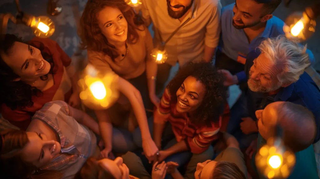 a vibrant gathering of diverse individuals engaged in lively conversation, highlights their connections and shared experiences, symbolizing the strength of community building on social media.