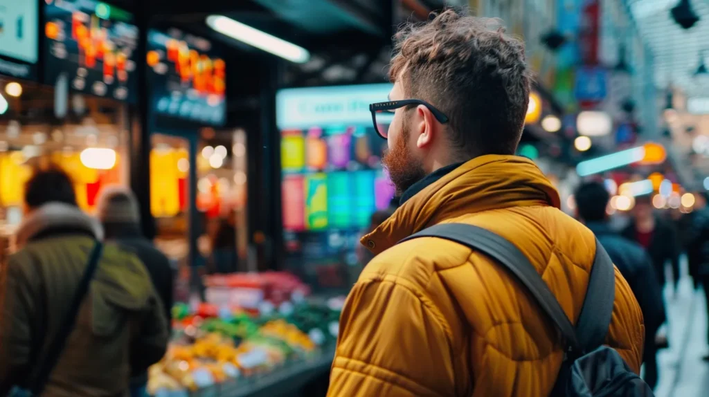 a vibrant local market bustling with activity, where diverse small business owners analyze colorful charts and graphs on digital screens, symbolizing the dynamic impact of content marketing analytics on community engagement and strategy.