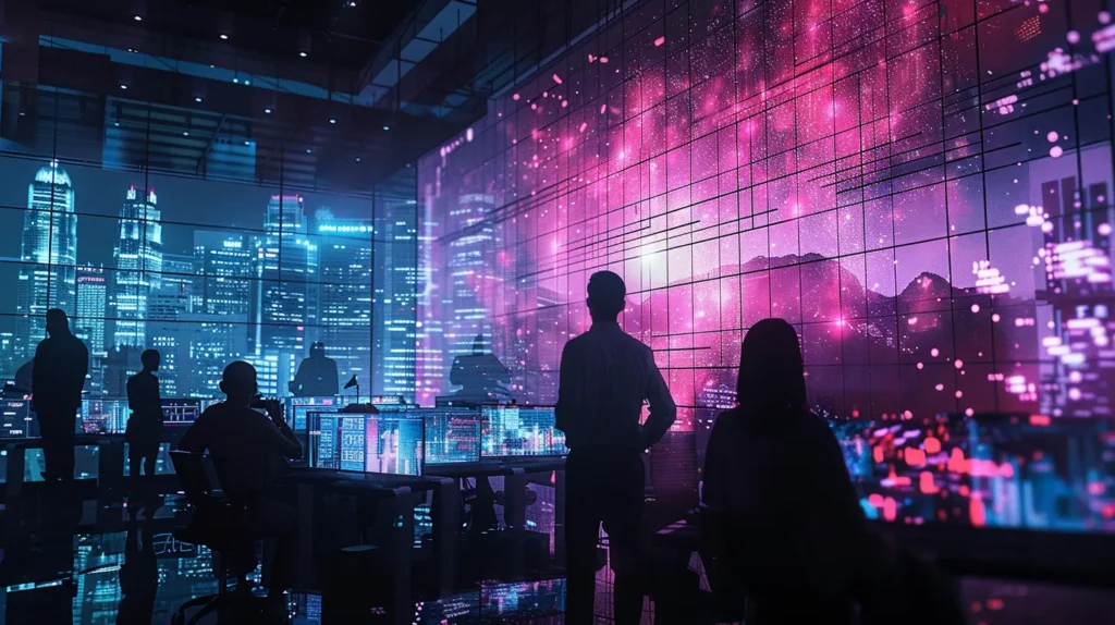 a vibrant, modern office scene captures a diverse team collaborating around a large digital screen displaying analytics, symbolizing the dynamic evolution of content marketing strategies for business growth.
