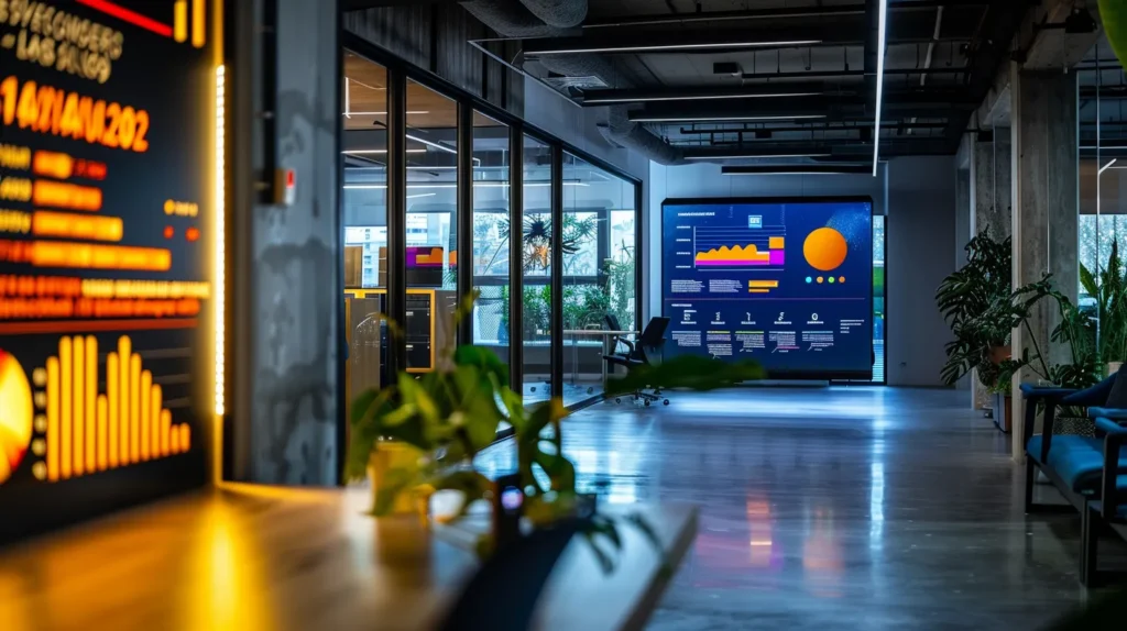 a vibrant, modern office space featuring a large digital screen displaying compelling infographics on content marketing roi, illuminated by soft, ambient lighting that enhances a productive atmosphere.