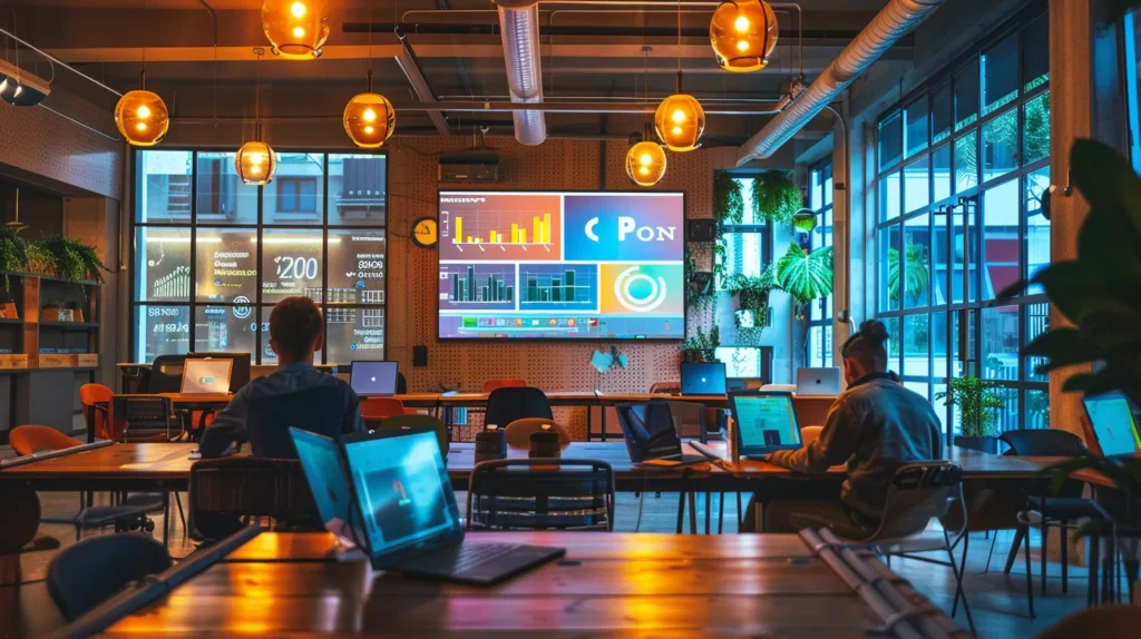 a vibrant, modern workspace filled with digital screens displaying analytics and content strategies, illuminated by soft, ambient light, symbolizing the dynamic process of conducting a content audit to drive marketing success.
