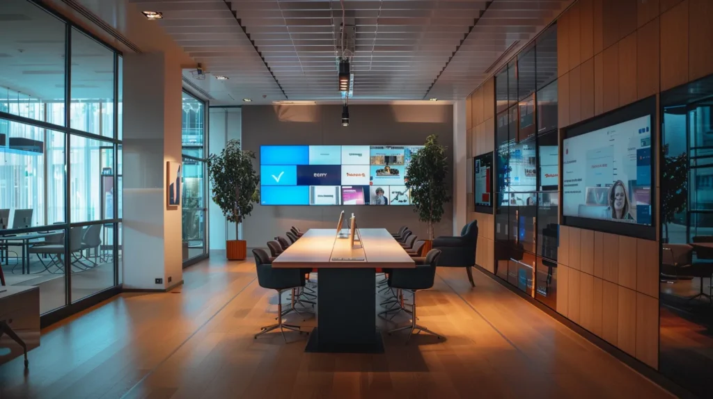 a vibrant, modern workspace filled with engaging video content on screens, showcasing dynamic marketing strategies that captivate an audience and encourage lead generation.