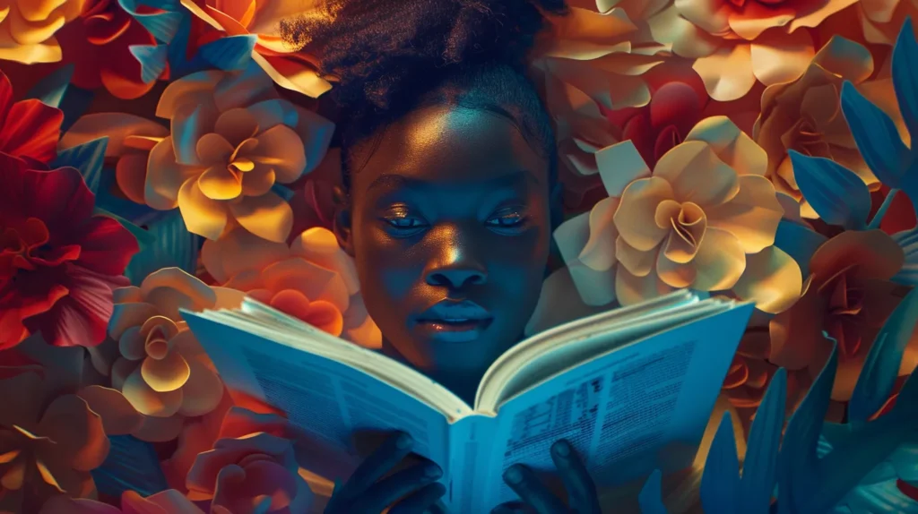 a vibrant, multi-layered composition depicting an open book set against a backdrop of interwoven narratives and diverse, authentic faces, symbolizing the harmony between creativity and meaningful storytelling in content marketing.