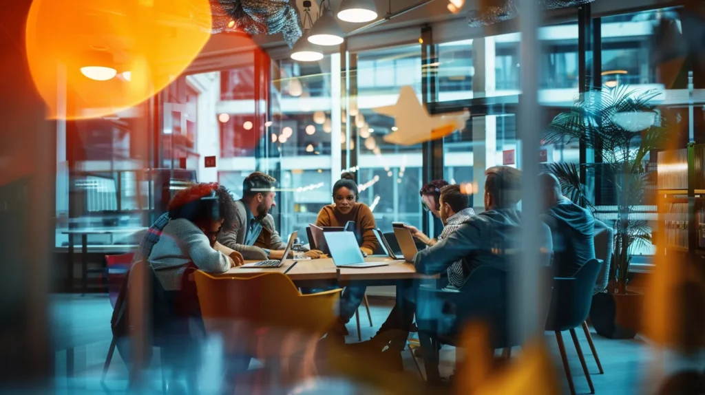 office setting showcases a diverse group of professionals engaging in a collaborative discussion, surrounded by visually striking infographics and comprehensive white papers, symbolizing the dynamic nature of b2b content marketing and the pursuit of valuable solutions for business challenges.