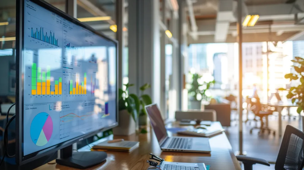 a vibrant office space filled with modern technology, showcasing a large digital dashboard displaying colorful analytics graphs and metrics, symbolizing the measurement of content marketing roi.