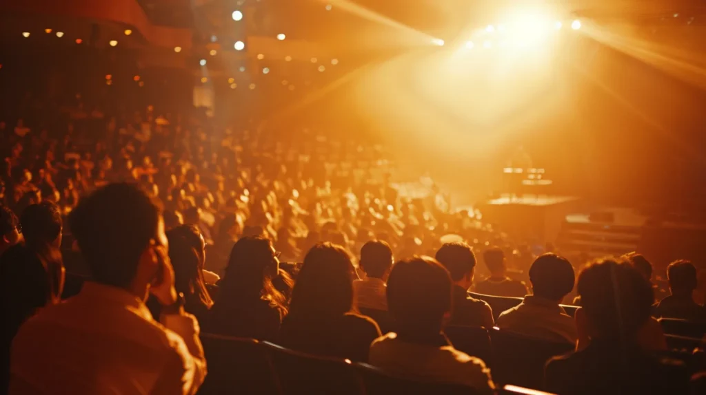 a vibrant scene depicting an engaged audience captivated by a storyteller on stage, illuminated by warm, soft lights, emphasizing the emotional connection and the power of narrative in building brand loyalty.