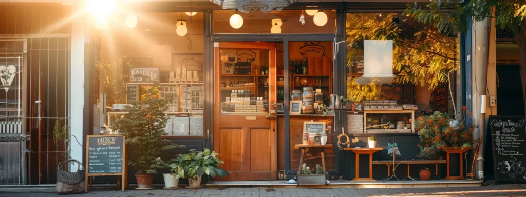 a vibrant small business storefront bathed in warm sunlight, showcasing engaging promotional visuals and an inviting atmosphere that highlights the transformative impact of ai tools on local marketing success.