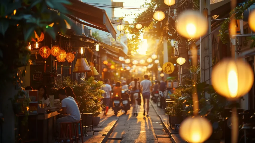 a vibrant street scene showcasing a small business bustling with local patrons, adorned with community-inspired decorations, under warm golden hour lighting, symbolizing the essence of localized content marketing.