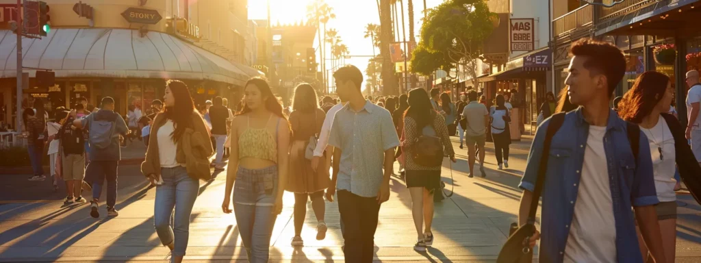 a vibrant urban street scene at golden hour captures a diverse group of customers engaging with local businesses, showcasing bustling foot traffic influenced by glowing online review ratings and eye-catching storefronts.