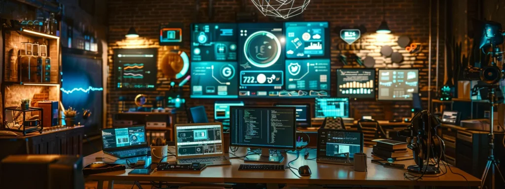 a vibrant workspace brimming with digital devices, showcasing ai marketing tools on screens that highlight social media campaigns, email automation, and customer analytics, illuminated by soft, warm lighting to evoke a sense of modern productivity.