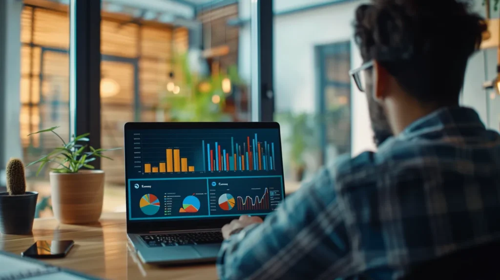 a focused professional analyzing seo data on a sleek laptop, surrounded by colorful charts and graphs depicting keyword research and digital strategy,