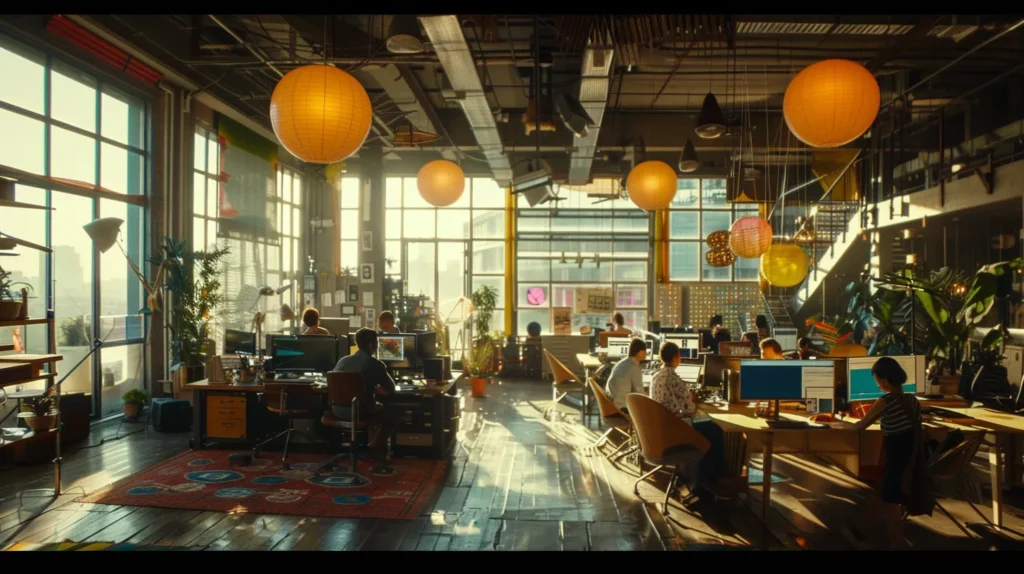 a vibrant workspace filled with digital devices showcases a diverse team collaborating on content creation, illuminated by natural light streaming through large windows, symbolizing innovation and creativity in enhancing brand visibility.