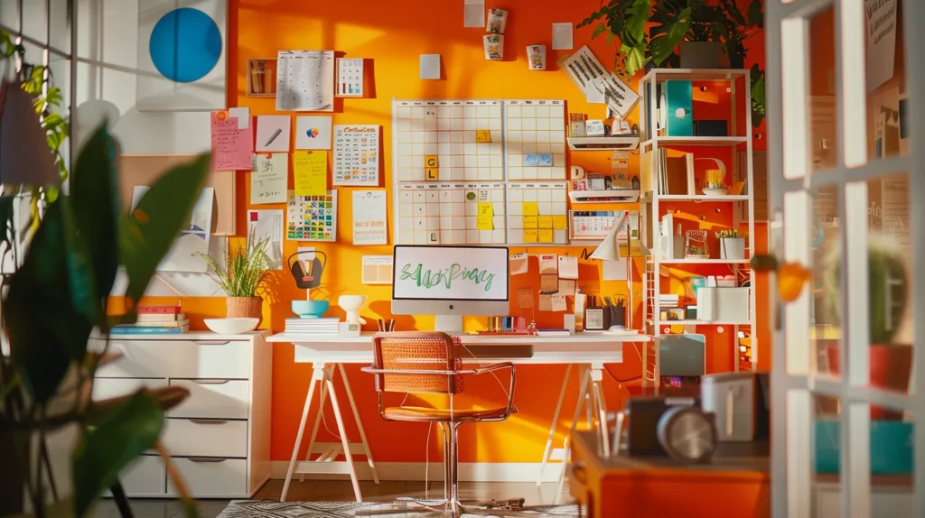 content calendar pinned on a wall, surrounded by bright, inspiring visuals and notes, and strategic planning for social media marketing.