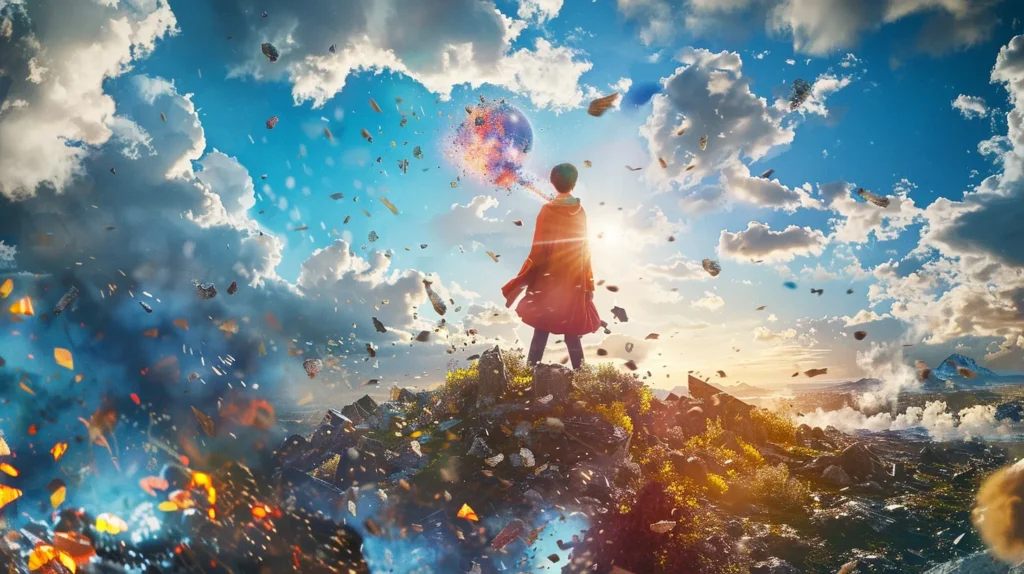 a visually captivating scene depicts a majestic hero brand emerging from a vibrant landscape, radiating creativity and emotional connection, surrounded by storytelling elements that symbolize engagement and transformation.